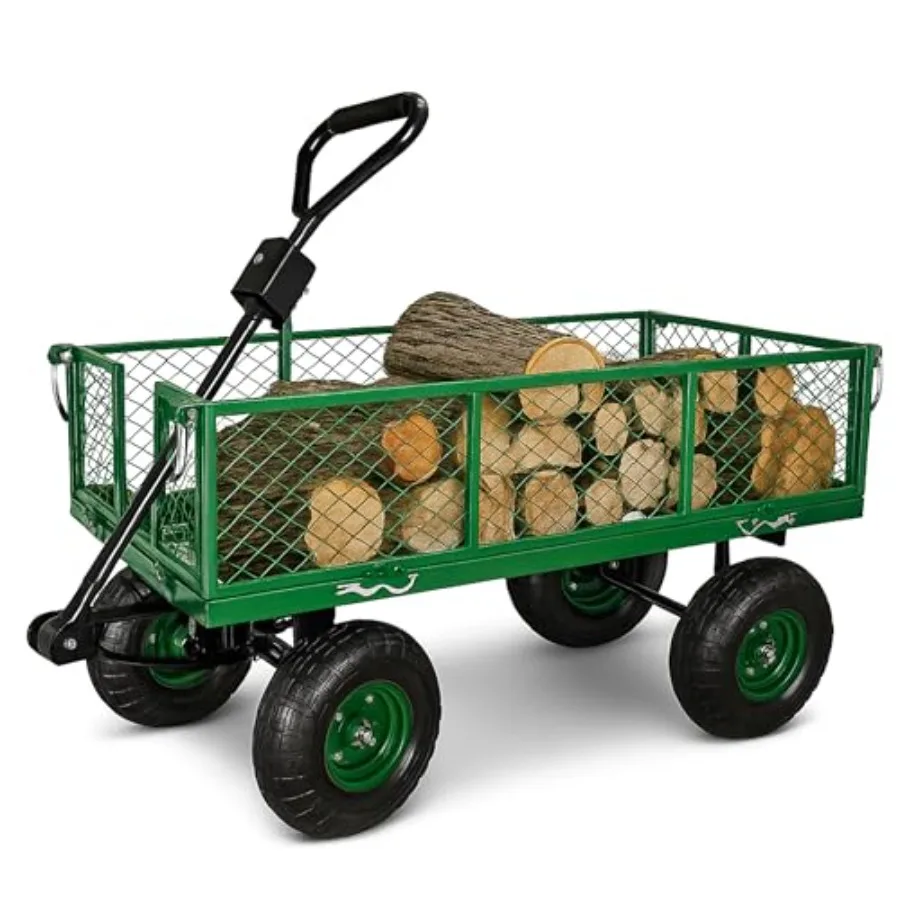 

Heavy Duty 600 Lbs Capacity Mesh Steel Garden Cart for Backyard Use with Removable Sides and 4 10 Inch Wheels in Green