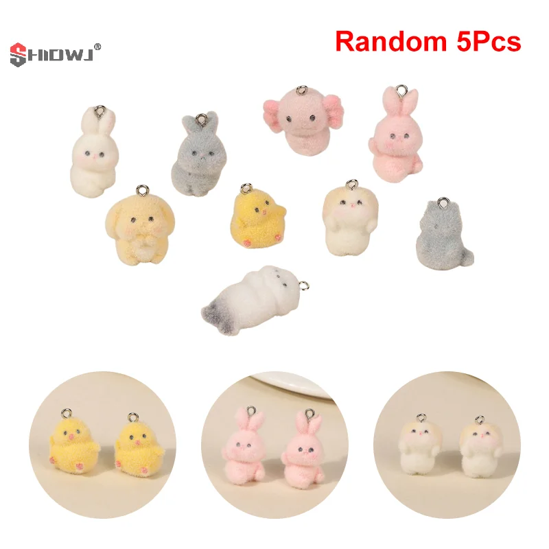 5Pcs 3D Cute Flocking Sea Otter Yellow Chicken Charms Cartoon Animal Pendant DIY Phone Keychain Earring Jewelry Accessories Gift