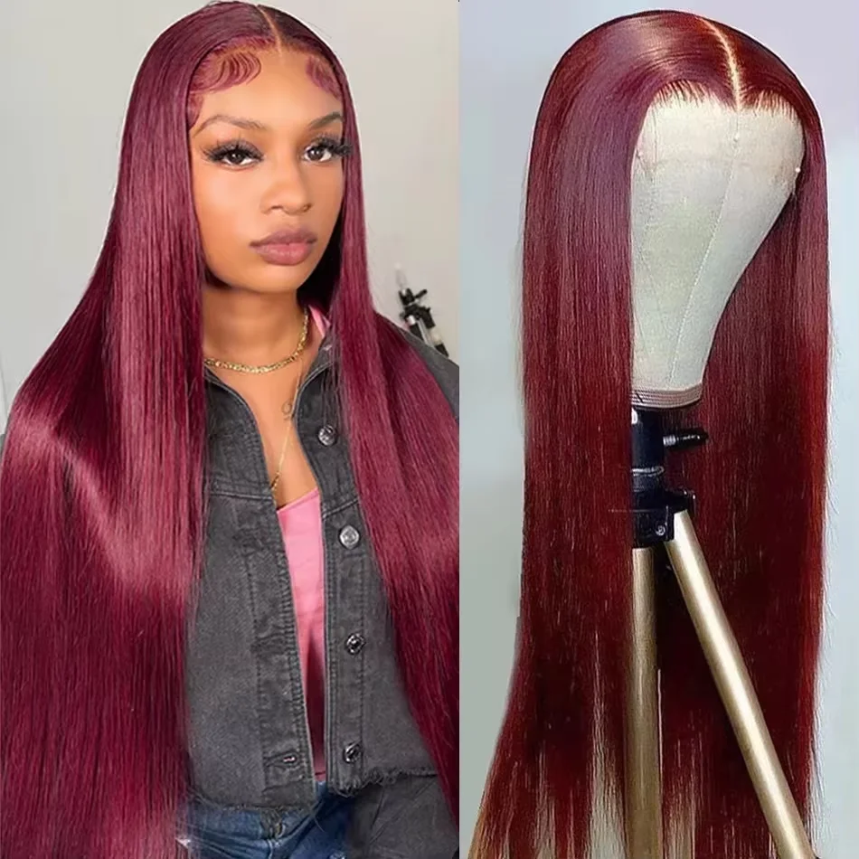 99J Burgundy Straight 13x6 Lace Front Wigs Human Hair Red Colored 34 36 Inch Lace Front Human Hair Wigs For Women High density