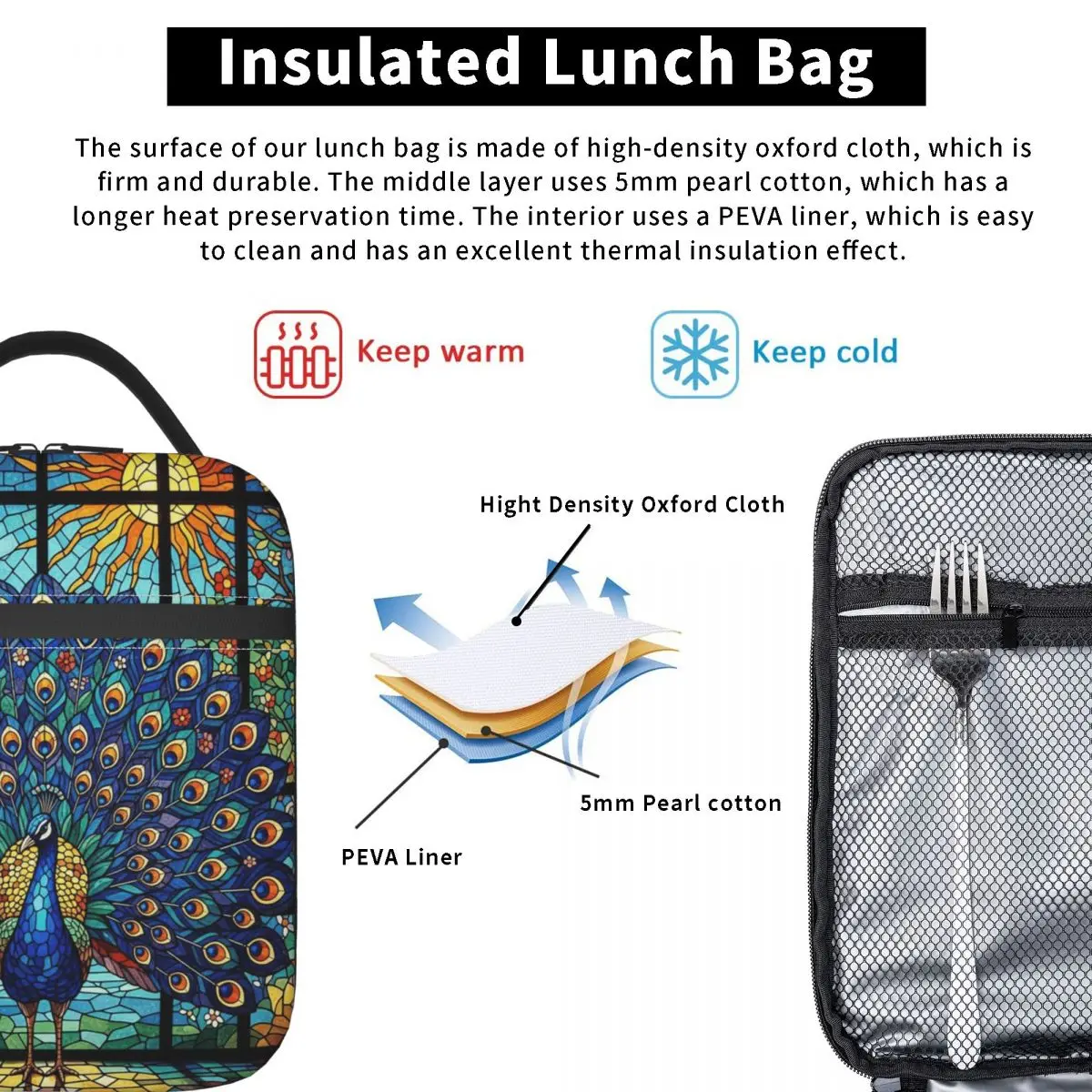 Stained Glass Peacock Insulated Lunch Bag for Women Kids Portable Food Boxes Thermal Lunch Box Tote