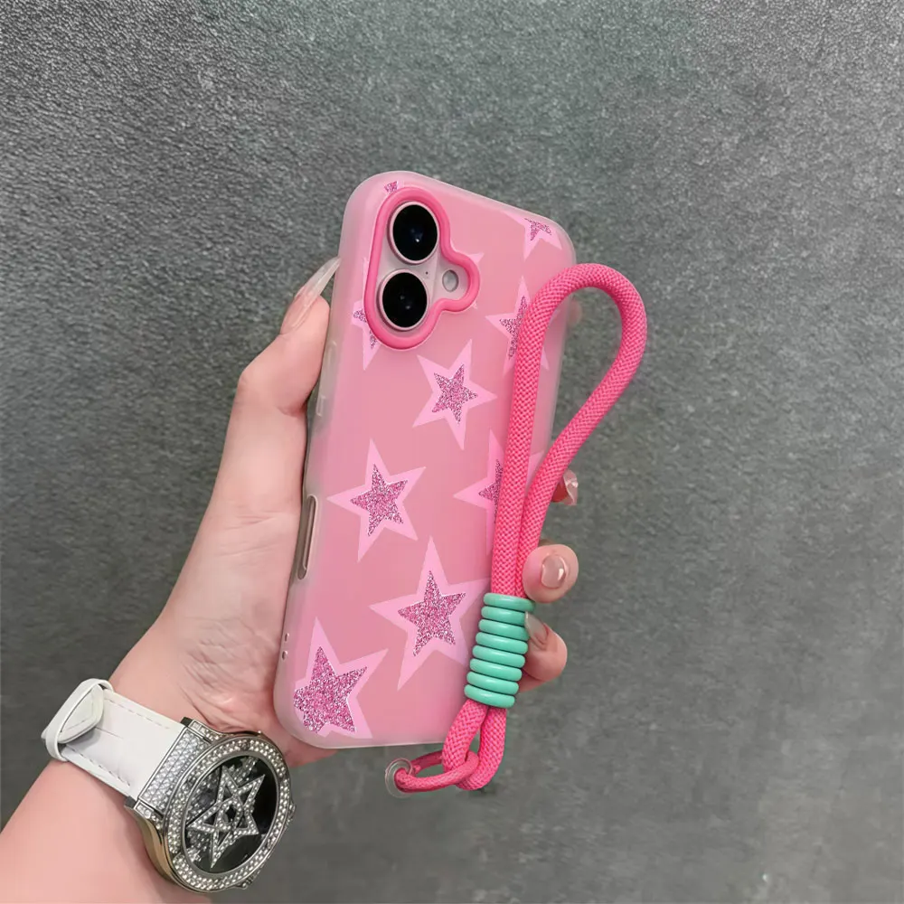 Phone Case For iPhone17 Pro Max 16 13 12 15 14 11 Pro Max Air XS XR 16 14 7 15 8 Plus X Pink Star INS Lanyard Wrist Strap Cover view 5