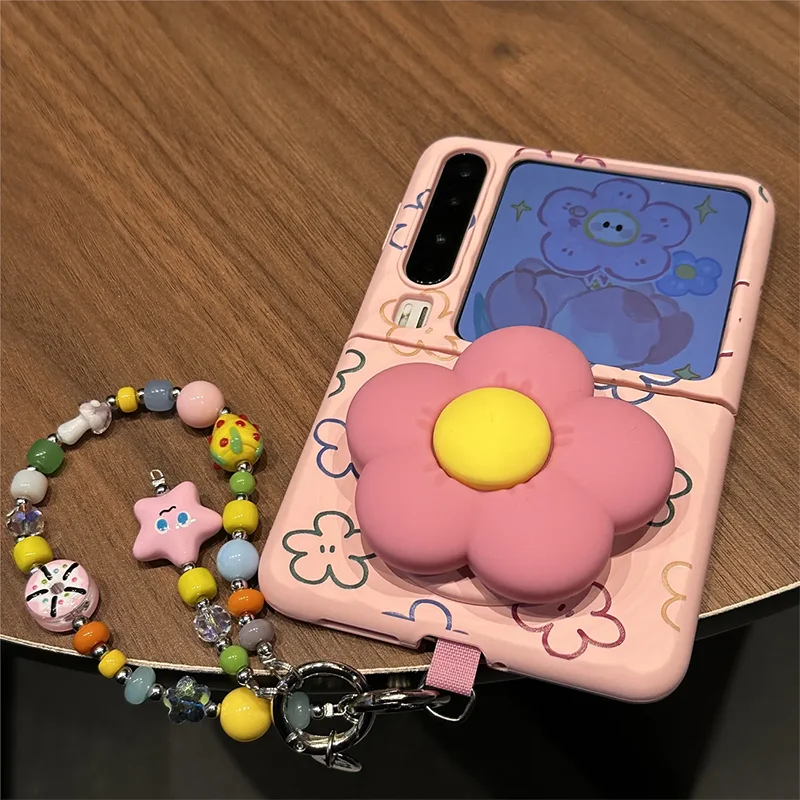 Cute 3D Pink Flower Stand Magnetic Phone Case For Samsung Z Flip7 Z Flip6 Z Flip5 / Xiaomi Mix Flip / Oppo Find N3 Flip