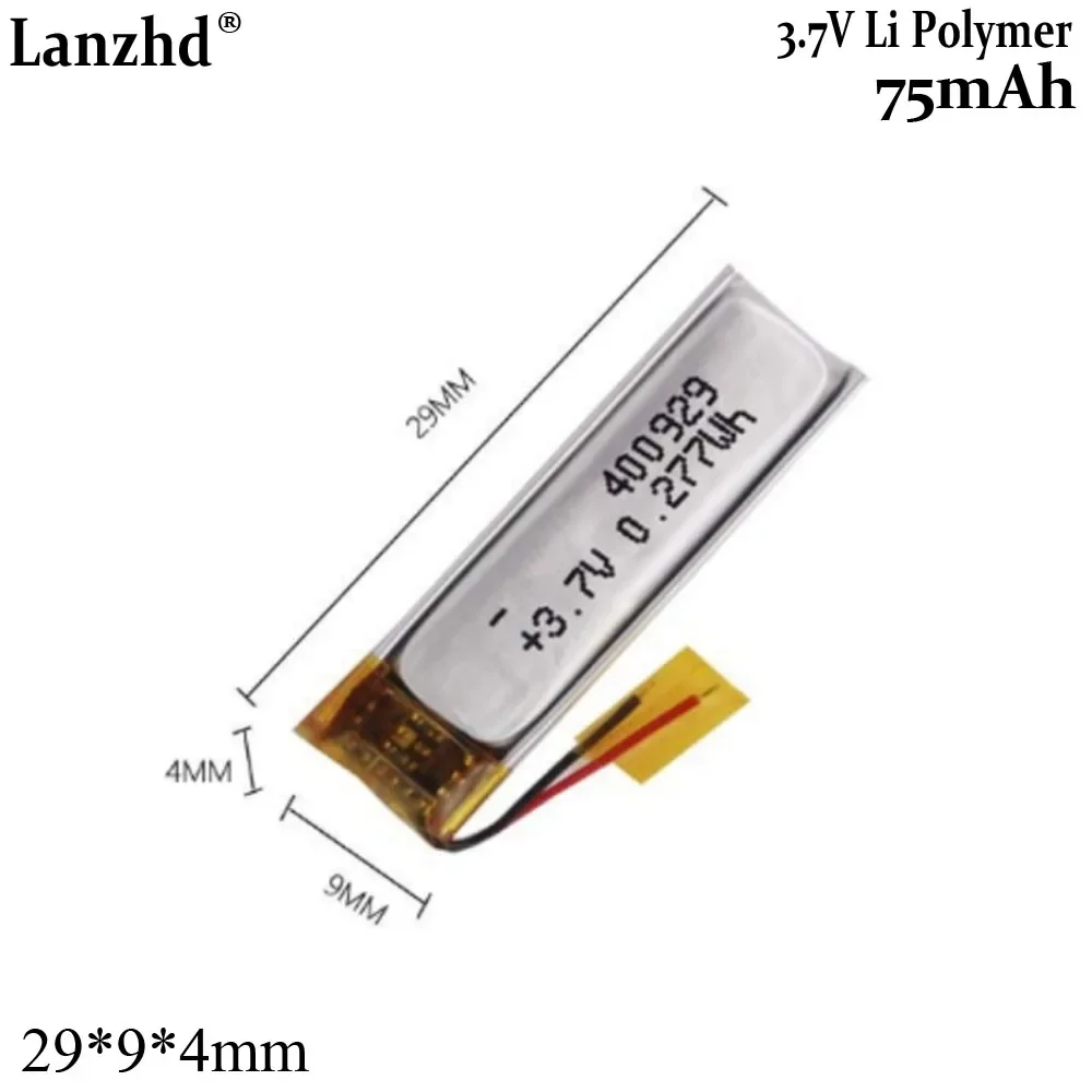 

3.7V Li Polymer battery 400929 75mah For sports headphones Bluetooth watch VR display projector glasses lithium battery