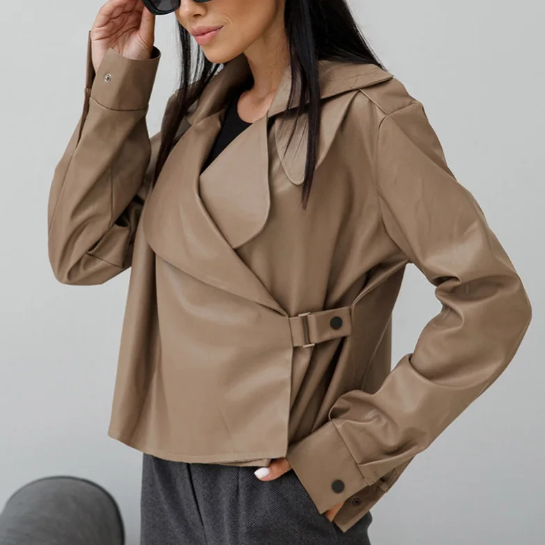 ヴィンテージアメリカンバイカージャケット女性フェイクレザーコート冬暖かいスリムフィット大きな襟スタイリッシュ