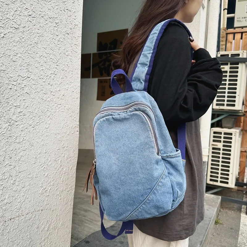 

Washed Denim Canvas Backpack Female High School Student Supplies Large Capacity Retro Simple Casual Computer Bag