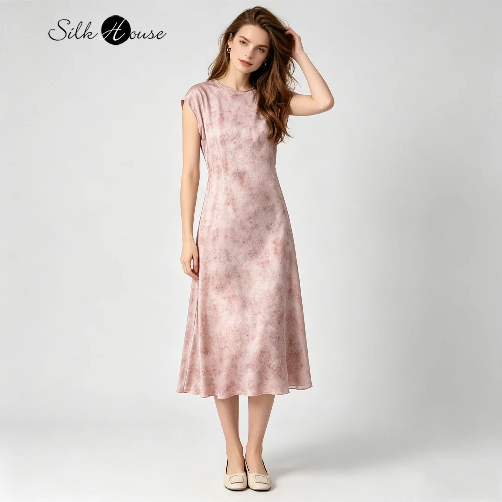 

Women's Casual Summer New Two-piece Oblique Cut 93% Natural Mulberry Silk Elastin Plain Satin Round Neck Short Sleeved Dress