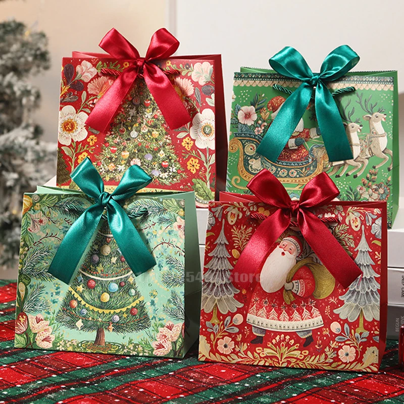 Christmas Printed Paper Gifts Wrapping Bag Santa Claus Christmas Tree Bags with Handles Red Green New Xmas Party Favor Pouches