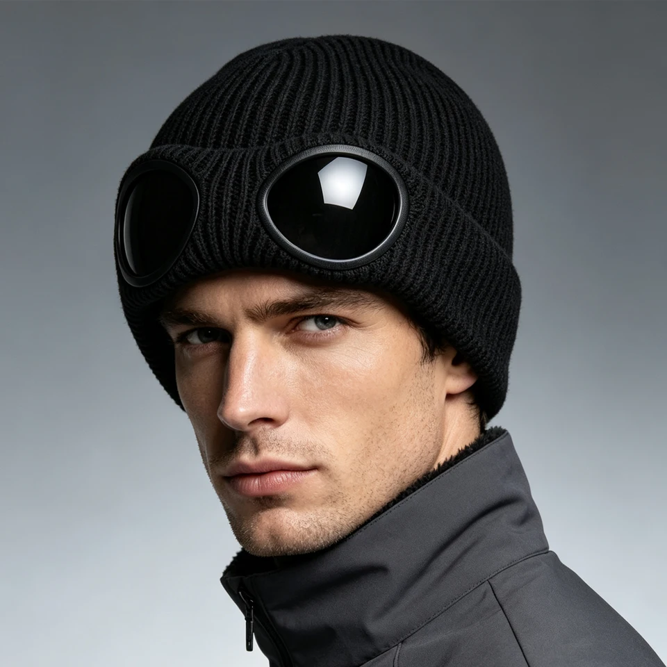 Knit Beanie Hat with Goggles Windproof Skull Cap for Men Women Fleece Lined Acrylic Warm Winter Hat Less Static Stretch Black, image 2