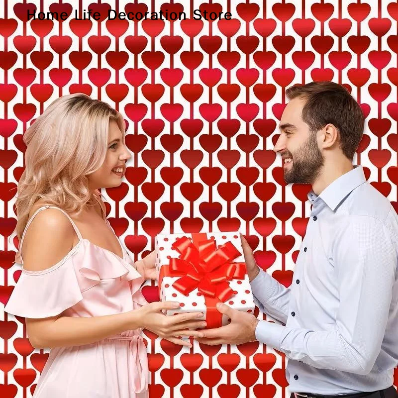 【H】Red Heart Foil Fringe Curtain Shiny Metallic Effect Easy Install For Valentines Day Wedding Anniversary Party Decoration