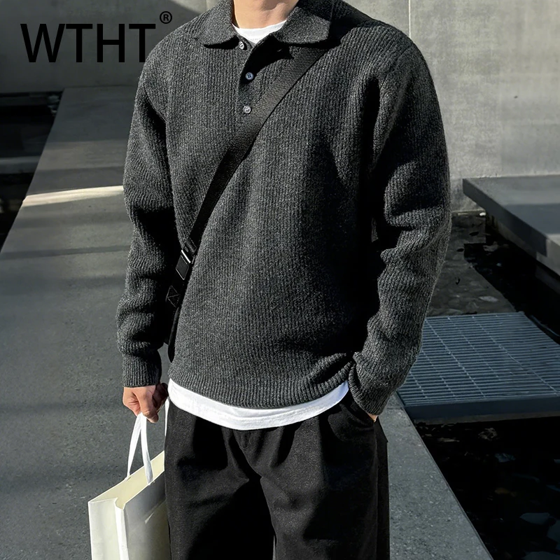 

WTHT Fashion Mne's Knit Texture Button Solid Color Sweater Trendy Turn Down Collar Casual Pullover Male 2025 Winter 2A2498