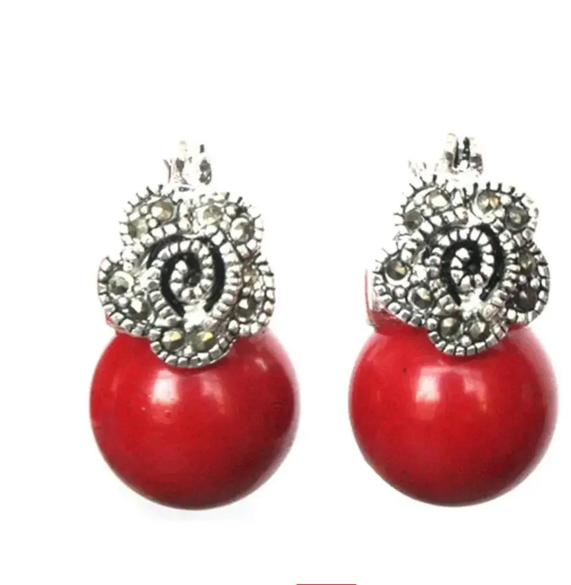 

Lady's 12mm Red Coral Bead Flower Marcasite & 925 Silver Earrings 5.29
