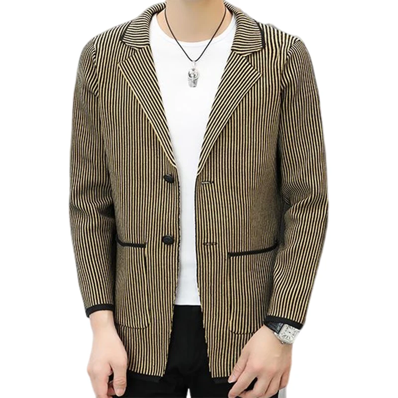 

High quality men's lapel thickened British style elegant casual business fashion party gentleman slim striped cardigan jacket