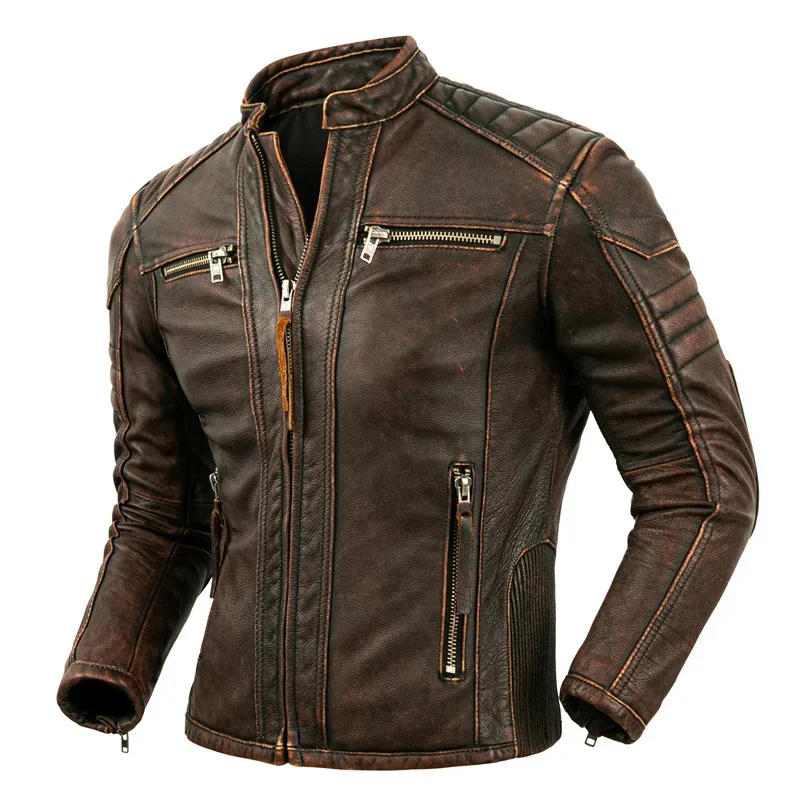 Men's Natural Leather Jacket First Layer Calfskin Stand Collar Motorcycle Retro Brown Cowhide Men‘s Biker Clothes