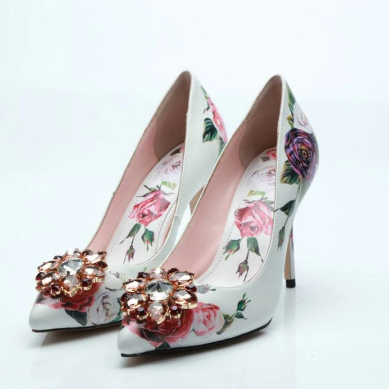 Beauty peony Flower PrintIng leather Bridal Pumps Diamond  Pointed Toe High Heels Gem Crystal Slip on Party Dress Shoes Woman