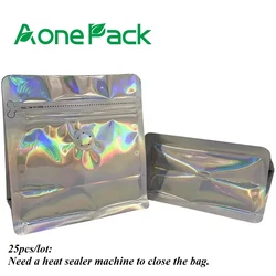 25pcs Custom Printed Holographic Zipper Mylar Flat Bottom Coffee Bean Bags with Valve and Zipper for Tea Packaging 4oz 8oz 16oz