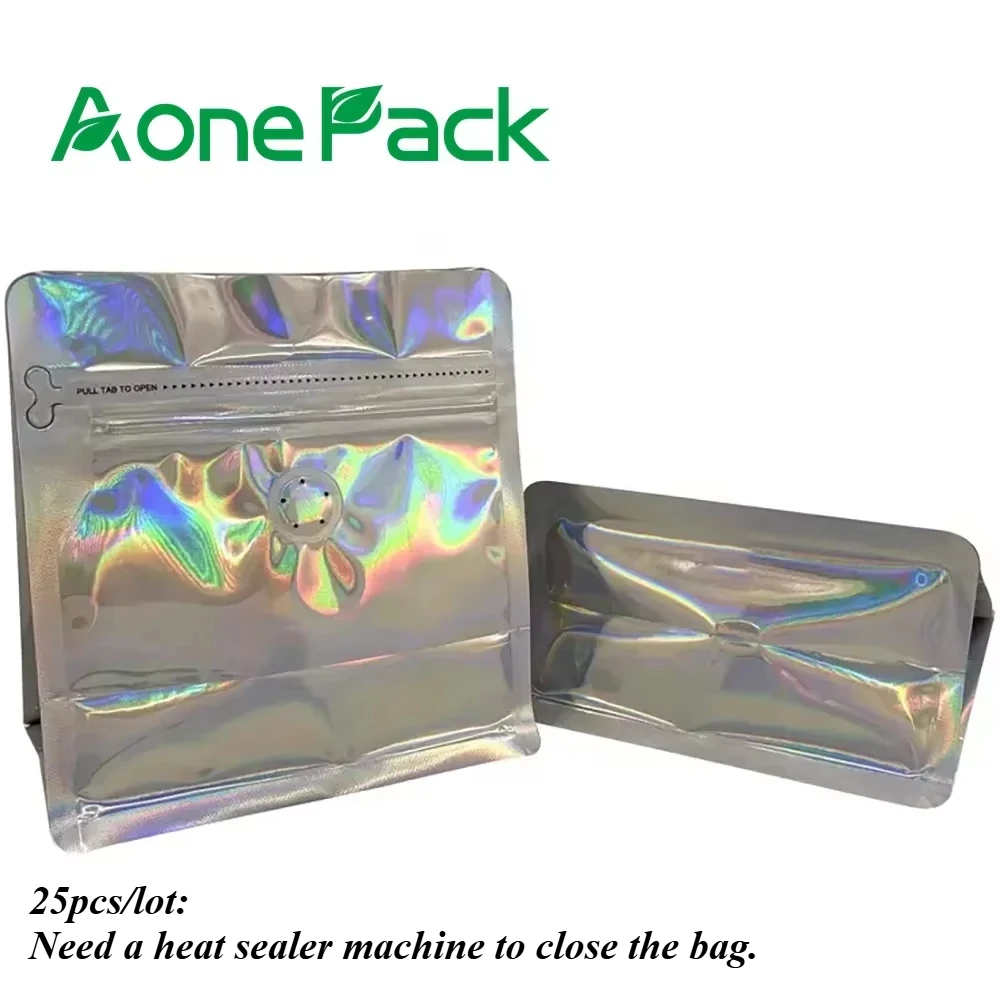 25pcs Custom Printed Holographic Zipper Mylar Flat Bottom Coffee Bean Bags with Valve and Zipper for Tea Packaging 4oz 8oz 16oz