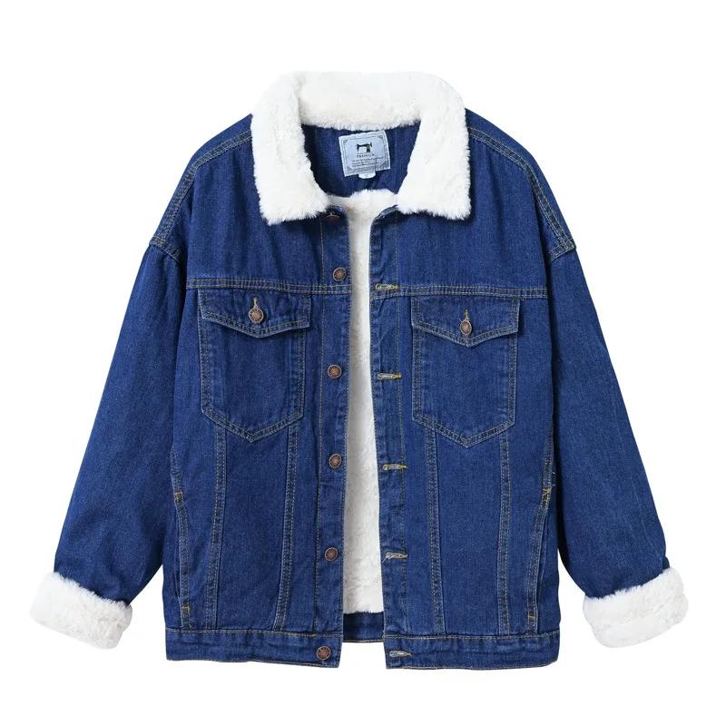 

Winter Fleece Denim Jacket For Women Lapel Single Breasted Patchwork Blue Jackets American Casual Fashion Simple Thick Coat