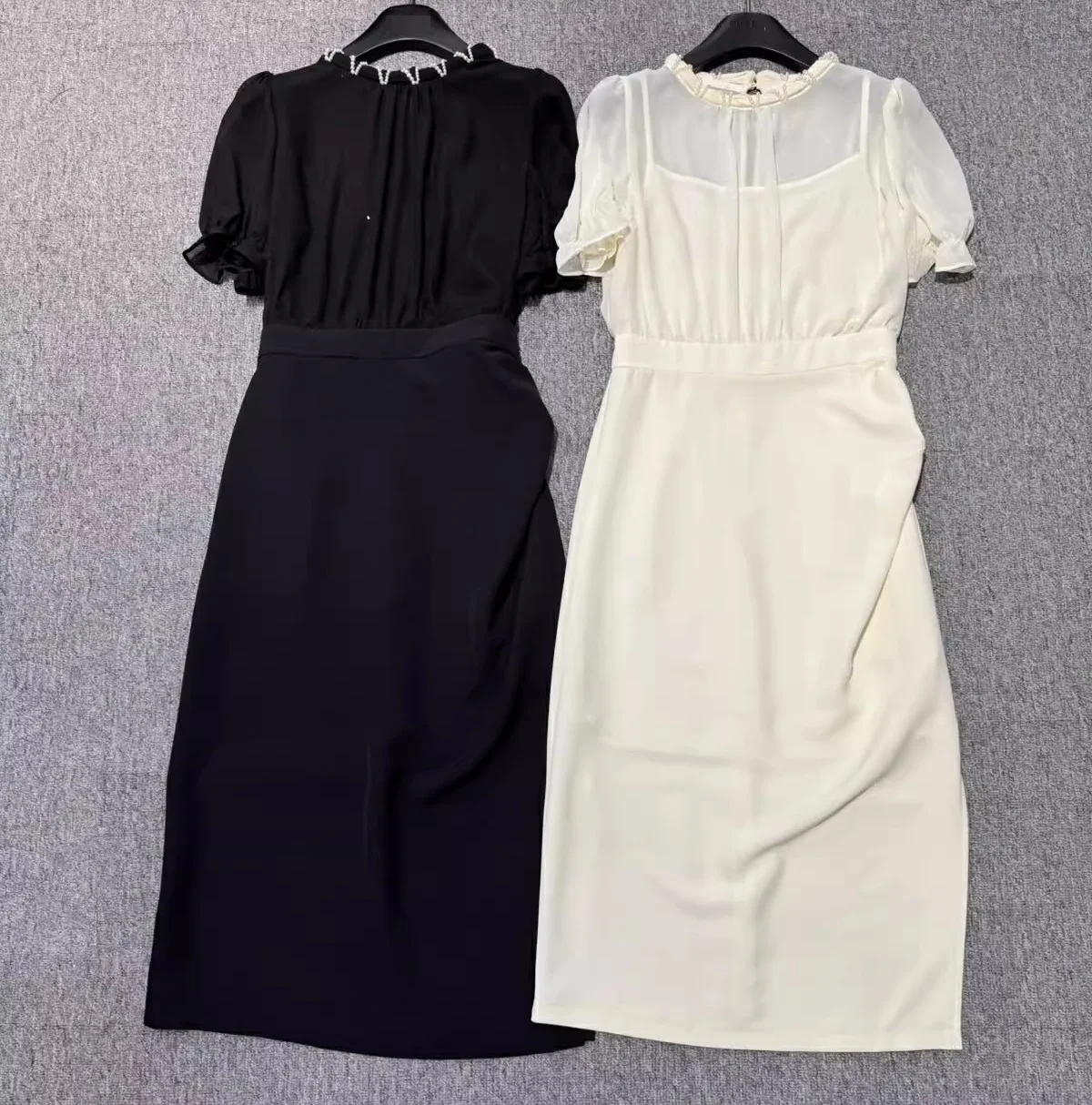 

Novia Party Dresses 2025 Summer Style Women Beading Deco Short Sleeve Mid-Calf Length Beige Black Elegant Dress Vestidos Robe