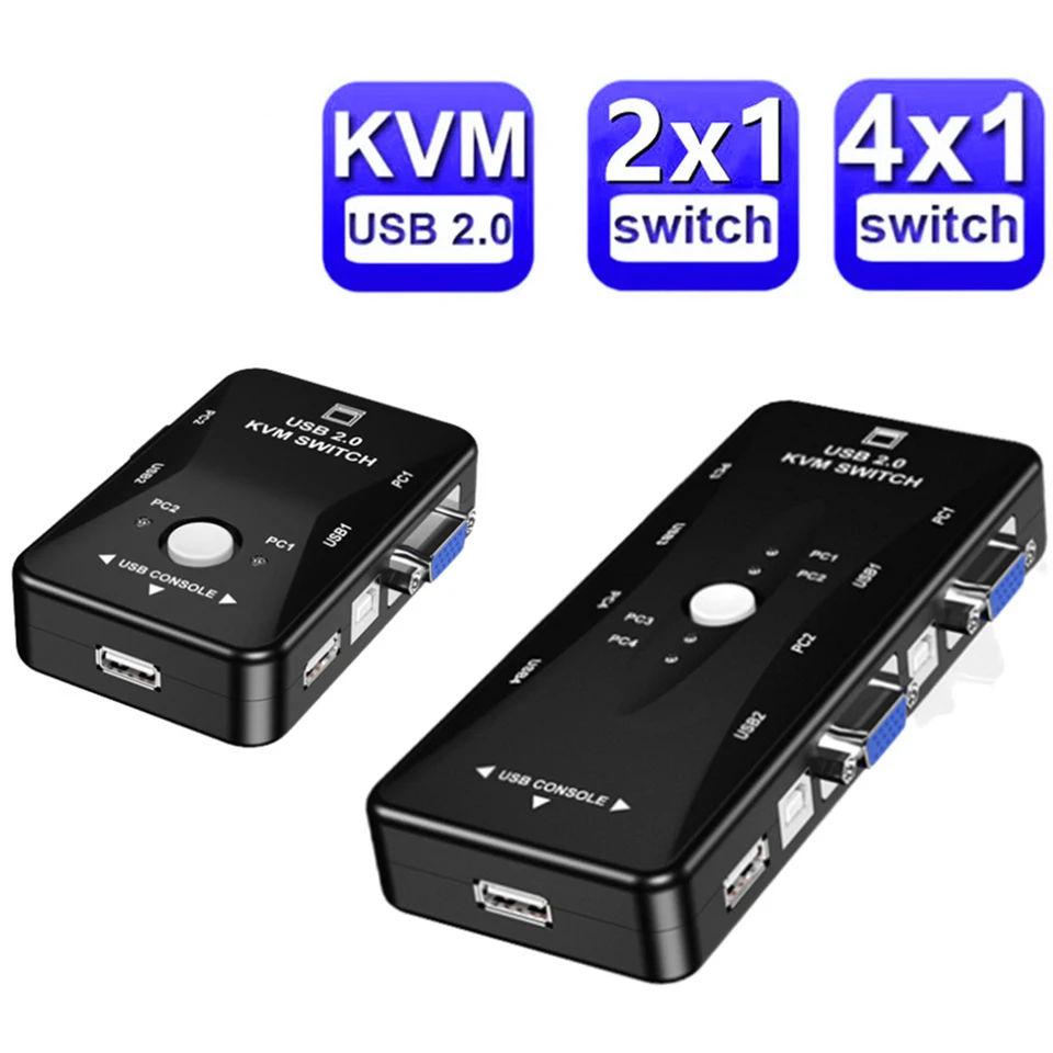 

2/4 Ports KVM Switcher USB 2.0 A Type-B VGA Female 2X1 4X1 Splitter Box for Printer Keyboard Mouse PC Hosts Share One Monitor