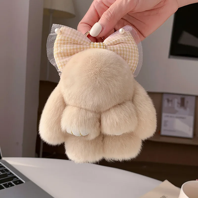 لطيف أفخم الأرنب المفاتيح مع Bowknot وهمية الأرنب الفراء مفاتيح السيارة حقيبة سحر رائعتين الأذن المرنة الأرنب قلادة للنساء