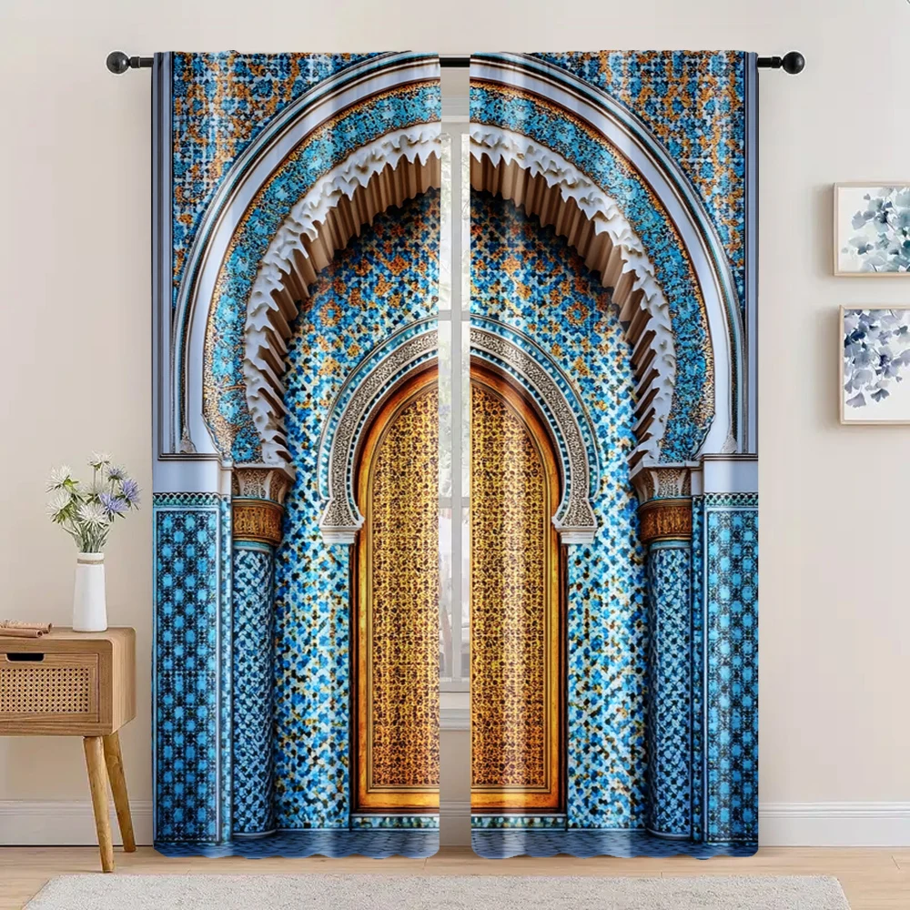 

2pc, Curtain Ancient Morocco Palace Door Print Durable Polyester,Without Electricity Versatile Suitable for Multipurpose Event