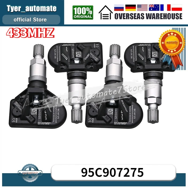 

4PCS Tire Pressure Sensor 95C907275 433MHZ TPMS For Audi Q5 Q6 e-tron Porsche Taycan Skoda Superb Volkswagen Passat Volvo EX90