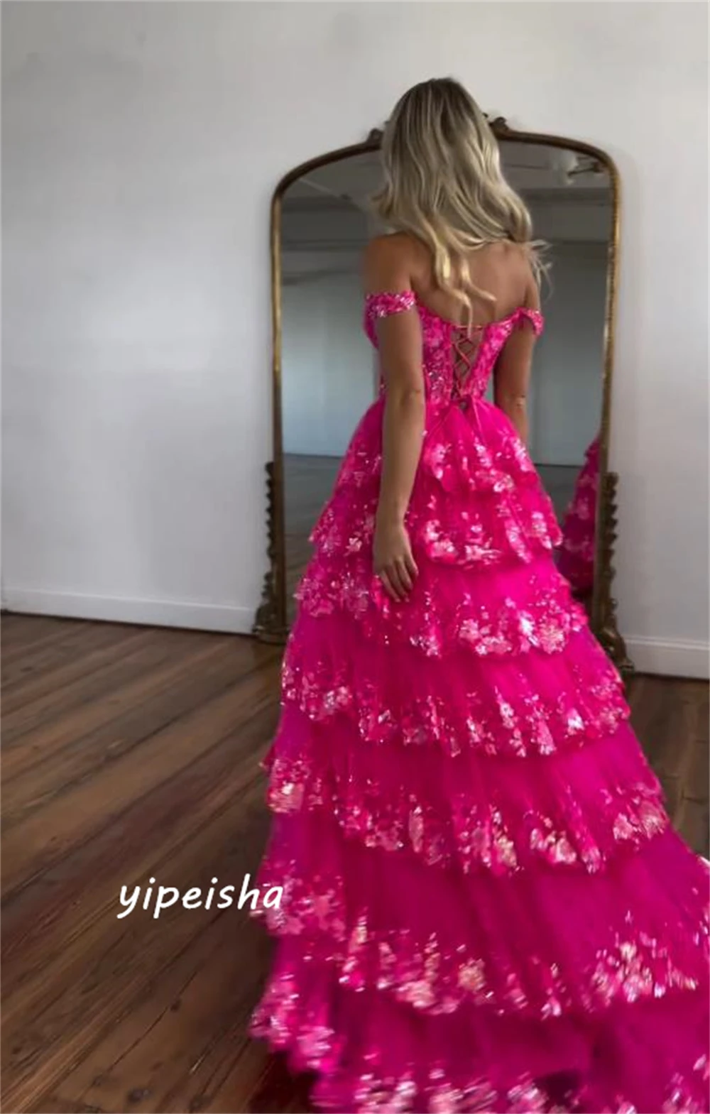 Customized  Sparkle Women Off-the-shoulder Ball Gown Formal Ocassion Paillette / Sequins Floor Length Organza Evening