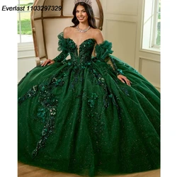 EVLAST Customized Emerald Green Quinceanera Dress Ball Gown Floral Applique Beading Corset Sweet 16 Vestido De 15 Anos TQD484