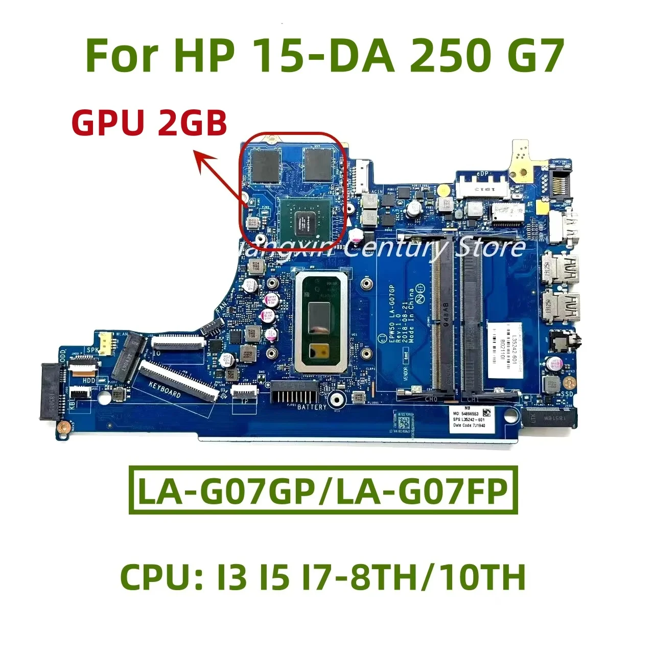 LA-G07GP LA-G07FP motherboard for HP 15-DA 250 G7 laptop CPU: I3 I5 i7-8/10 GPU: 2GB 100% test OK shipping