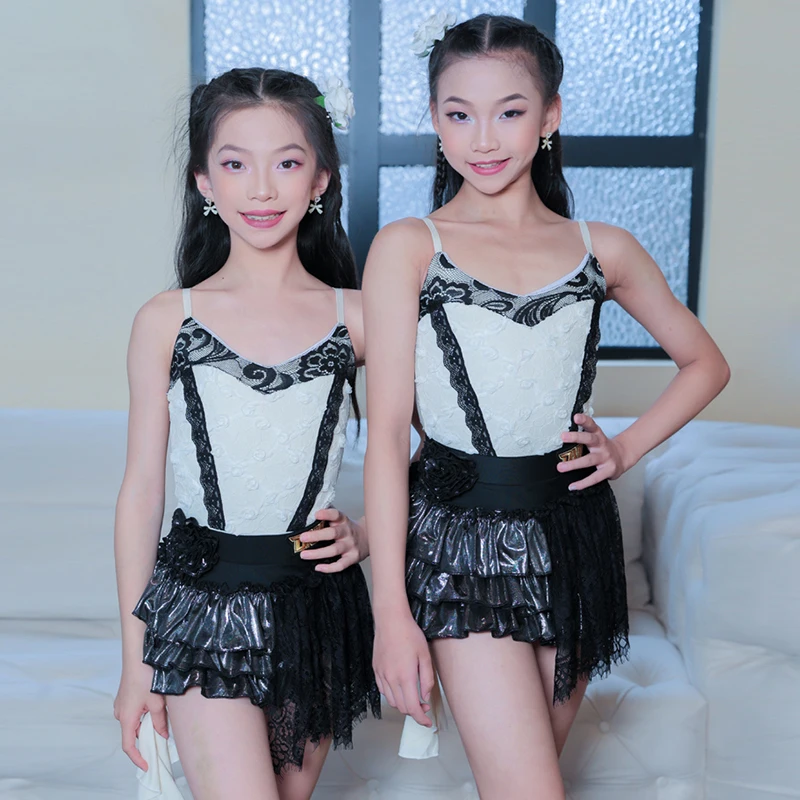 

New Latin Dance Dress Girls Summer Latin Training Clothes Kids Sling Leotard Black Cake Skirt Rumba Costume Practice Dress 3897