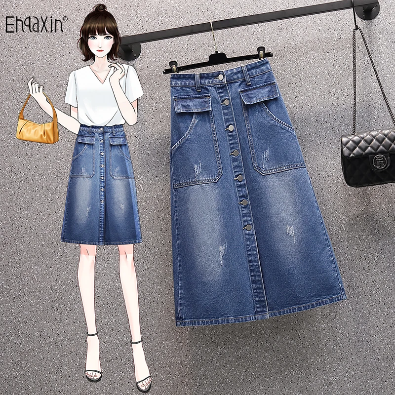 EHQAXIN Summer Ladies New Denim Skirts 2022 Fashion Loose Buttons High Waist Pockets Casual Denim Skirts For Womens L-4XL