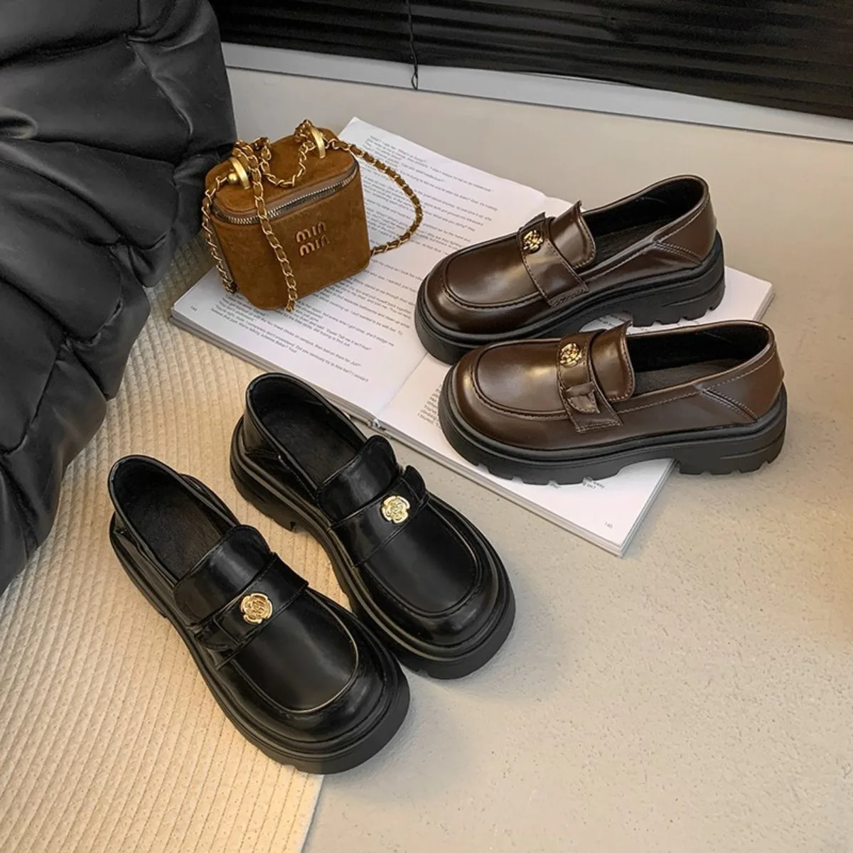 

Women's British College Platform Loafers - Round Toe, Scratch-Resistant Leather, Elegant Luxury Style Shoes for Daily & Office