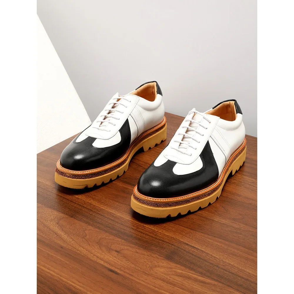 Black White Mens Breathable Thick Sole Height Increasing Casual Leather German Training Sneakers Korean Trendy Summer