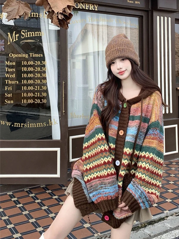 Sudadera con capucha a rayas de Color Retro de talla grande 300 Pou Jaet, prendas de vestir exteriores de otoño e invierno para mujer, suéter tejido de poliéster suave