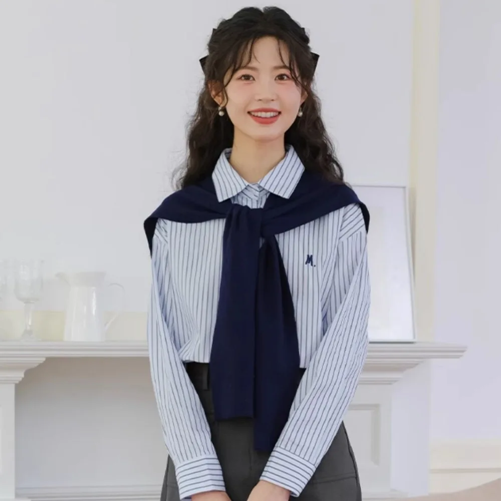 

Милые полосатые рубашки Y2K, женские рубашки в консервативном стиле с вышивкой и буквами, комплект из двух предметов, блузка на пуговицах, свободная вязаная шаль, блузка для девочек