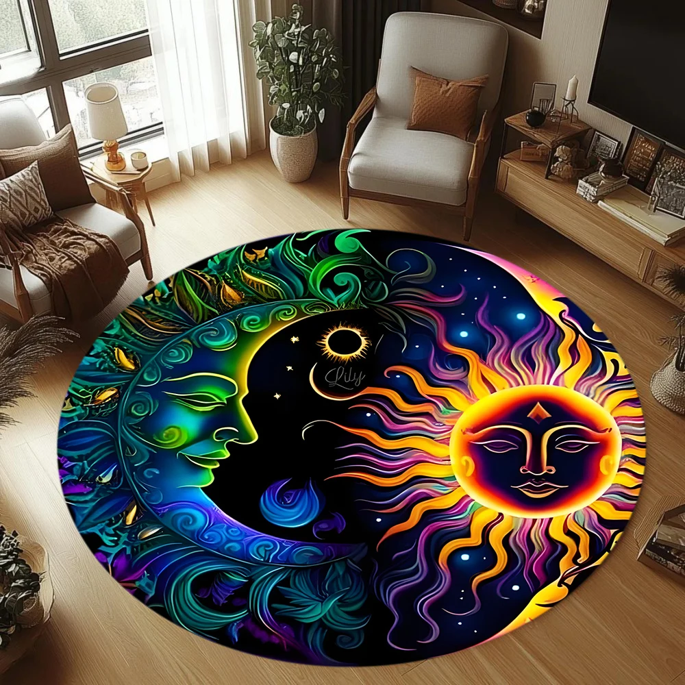 Astrology Theme Round Carpet Sun Moon Twelve Zodiac Signs Rug Bedroom Floor Mat Living Room Decor Non Slip Area Rug Decor Rug