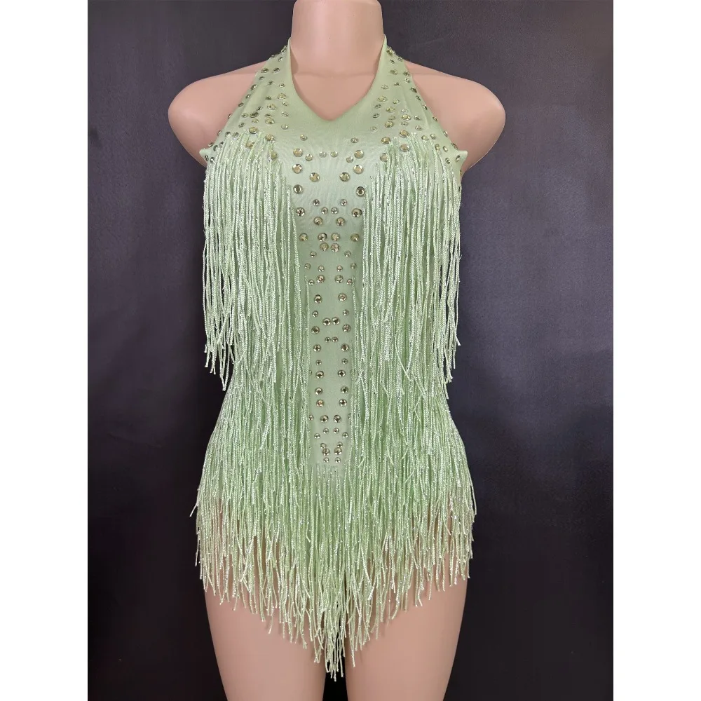 Body con flecos y diamantes de imitación brillantes para mujer, traje de baile para fiesta, ropa de escenario, leotardo Sexy con borlas, ropa de actuación