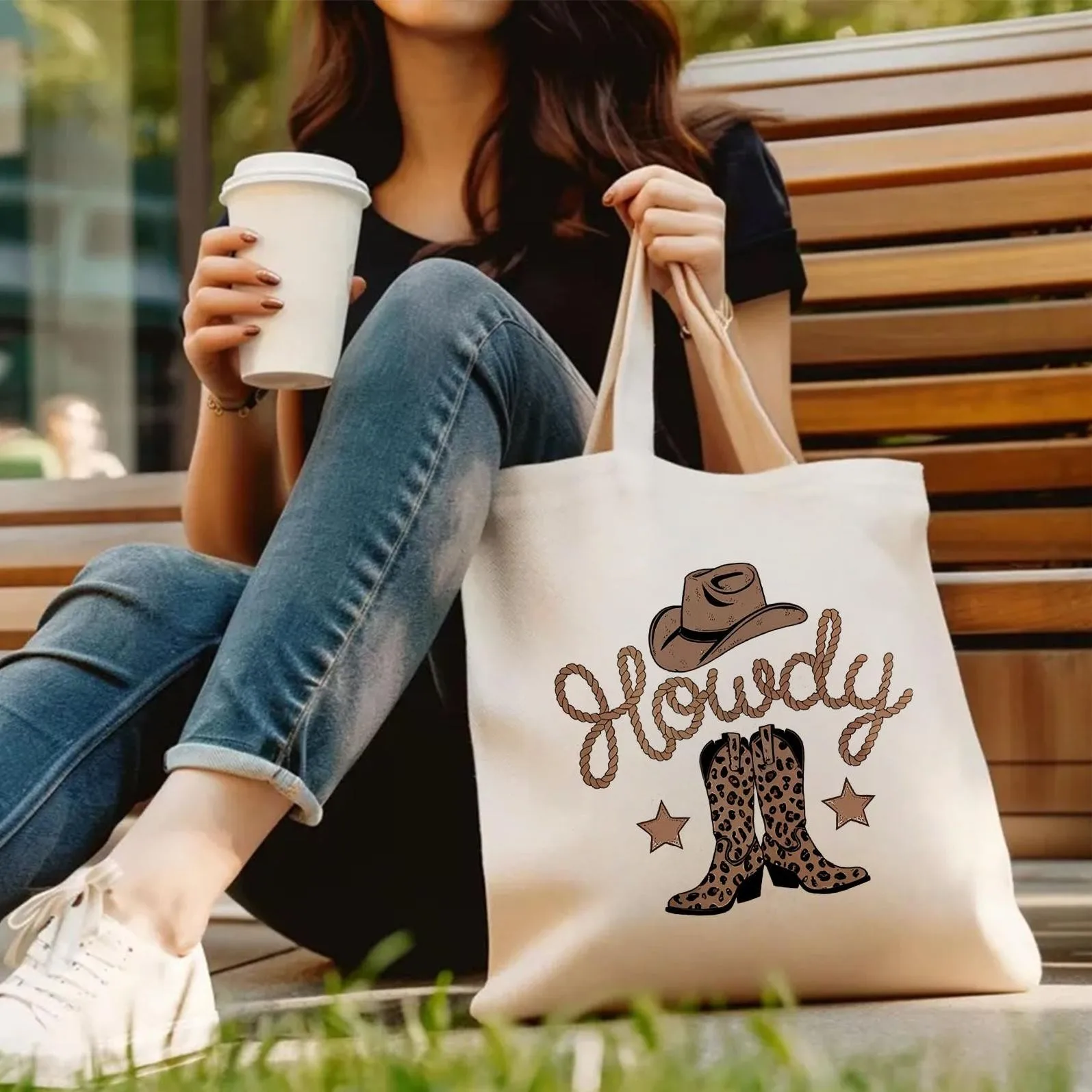 Shopping Bag Canvas Shopping Bag Cute Women's Western Themed Canvas Tote Bag, a stylish handbag, measuring 13.7 x 15.7 inches,