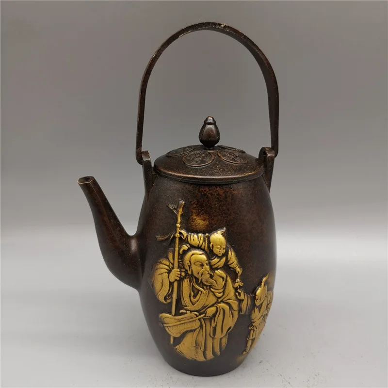 Guyunzhai Brass Teapot Wine Pot Antique Eight Immortals Character Teapot Purple Bronze Gilding Teapot Collectible Artsy Object