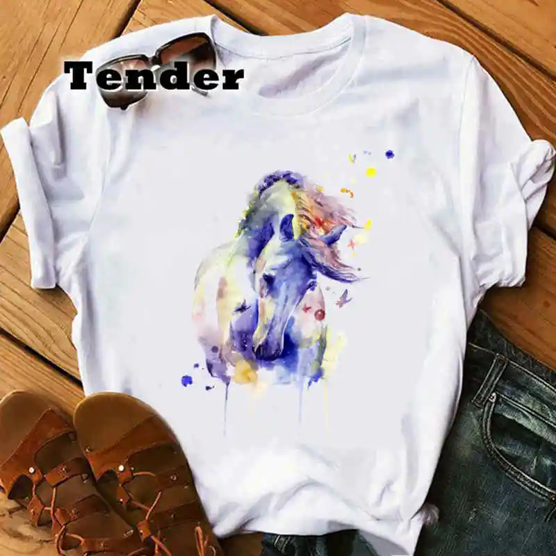 Camiseta de cavalo aquarela feminina, camiseta branca, estética gráfica, manga curta, streetwear grunge, moda feminina, verão, 2022