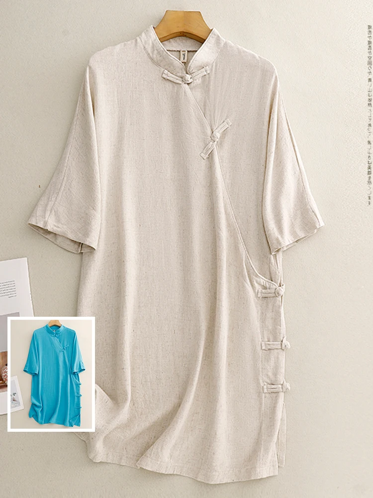 

Chinoiserie, однотонный хлопково-льняной миди, большой размер, женский летний топ с воротником-стойкой на боковых пуговицах Seven Sve