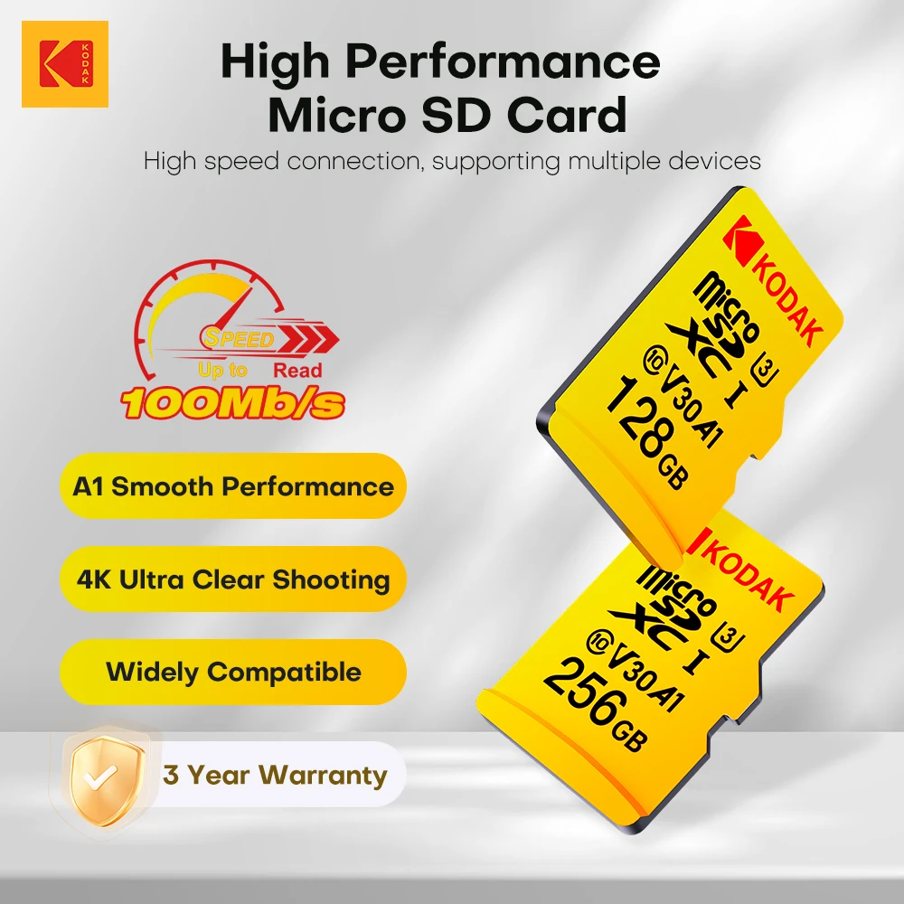 

Оригинальная карта KODAK Micro SD 32 ГБ 64 ГБ 128 ГБ U3 4K Флэш-карта 256 ГБ Карта памяти большой емкости для телефона Камера Коробка ТВ Планшетный ПК