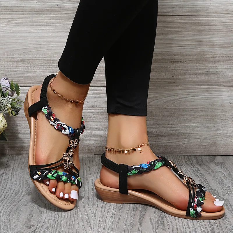 Women Wedges Bohemian Sandals Summer 2023 New In Open Toe Beach Shoes with Low Heels Sandal Lady Casual Sandalias Mujer Verano