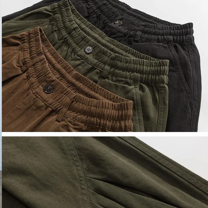 남성용 신축성 허리 와이드 레그 바지, 빈티지 단색 포켓, 단추 패치워크, 편안한 바지, 용수철 가을 신상 패션