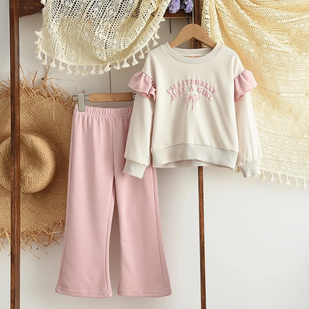 2025 الربيع والخريف طويلة الأكمام الفتيات مجموعة رسالة قميص مطبوع + بلون جرس أسفل السراويل الوردي ملابس الأطفال غير رسمية #1