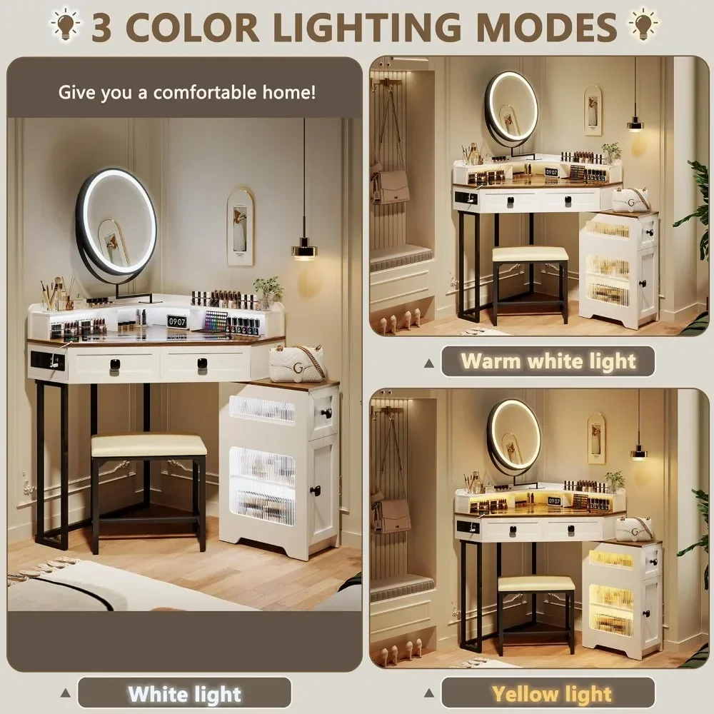 Corner Vanity with Mirror and Lights,Modern Makeup Vanity Set with Charging Station for Bedroom/Cloakroom,Glass Top Vanity Table