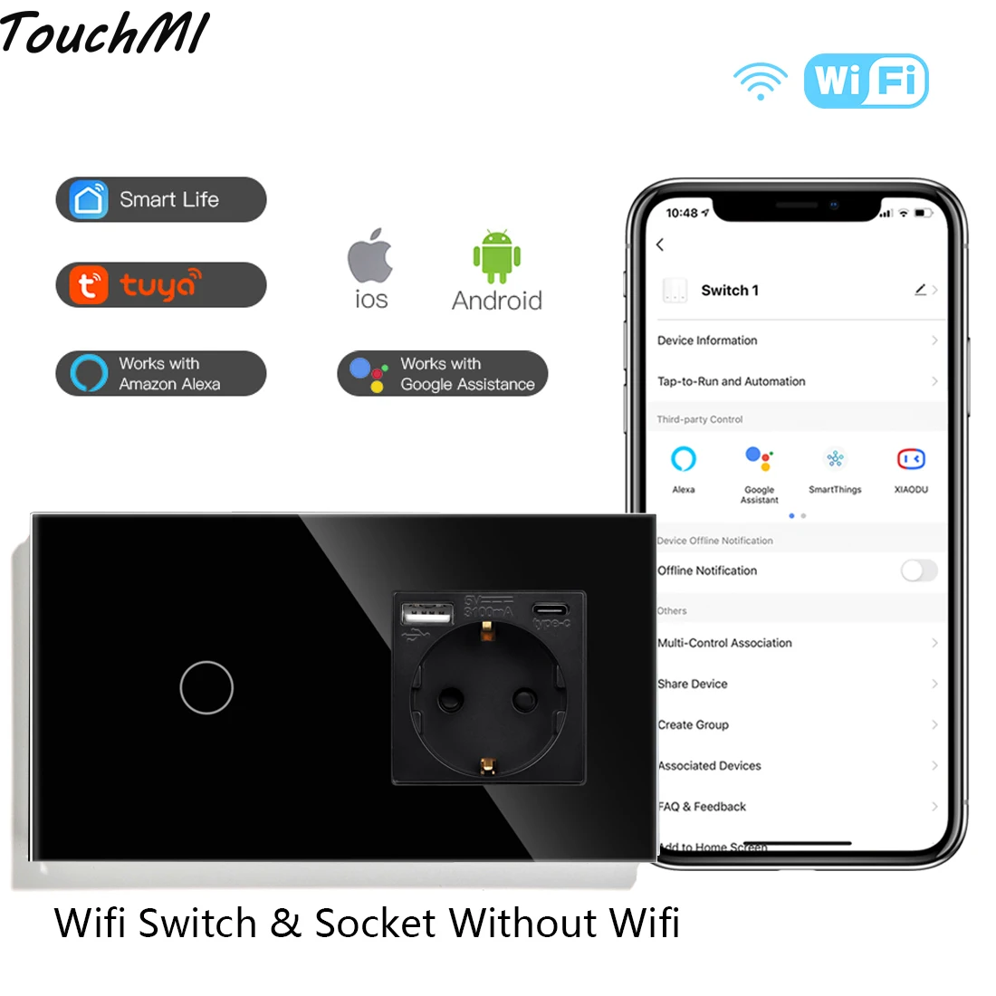 Touchimi Smart Touch Switches 1/2/3Gang Sensor Light Switch Work Smart Life Alexa App Plus Type-C USB Wall Socket EU Standard