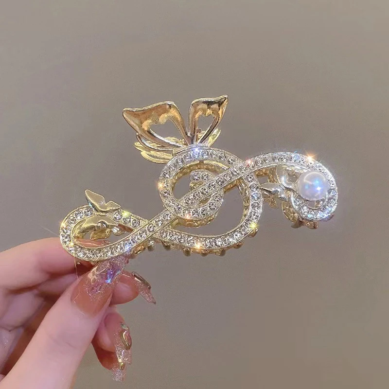 مقاطع شعر أنيقة على شكل مذكرة موسيقية للنساء ، ديكور فاخر من حجر الراين ، مخلب ذيل حصان للفتيات ، ملحقات أغطية الرأس #5