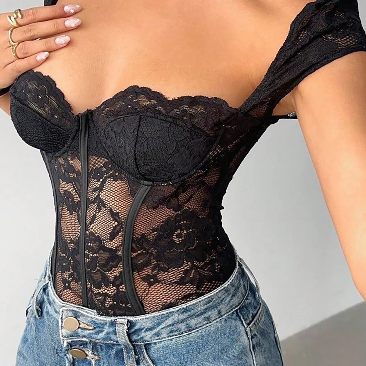 Women's Off-Shoulder Sheer Lace Fishbone Corset Bodysuit Sexy Hollow out Mesh Bustier Body Suit for Night Club Party