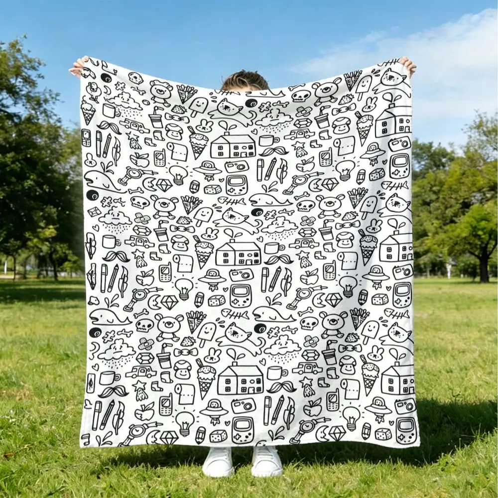 1pc Cute‑Doodle Sketch‑Print Throw Blanket, Sofa Decor, Skin‑Friendly DIY Coloring Gift for Adults